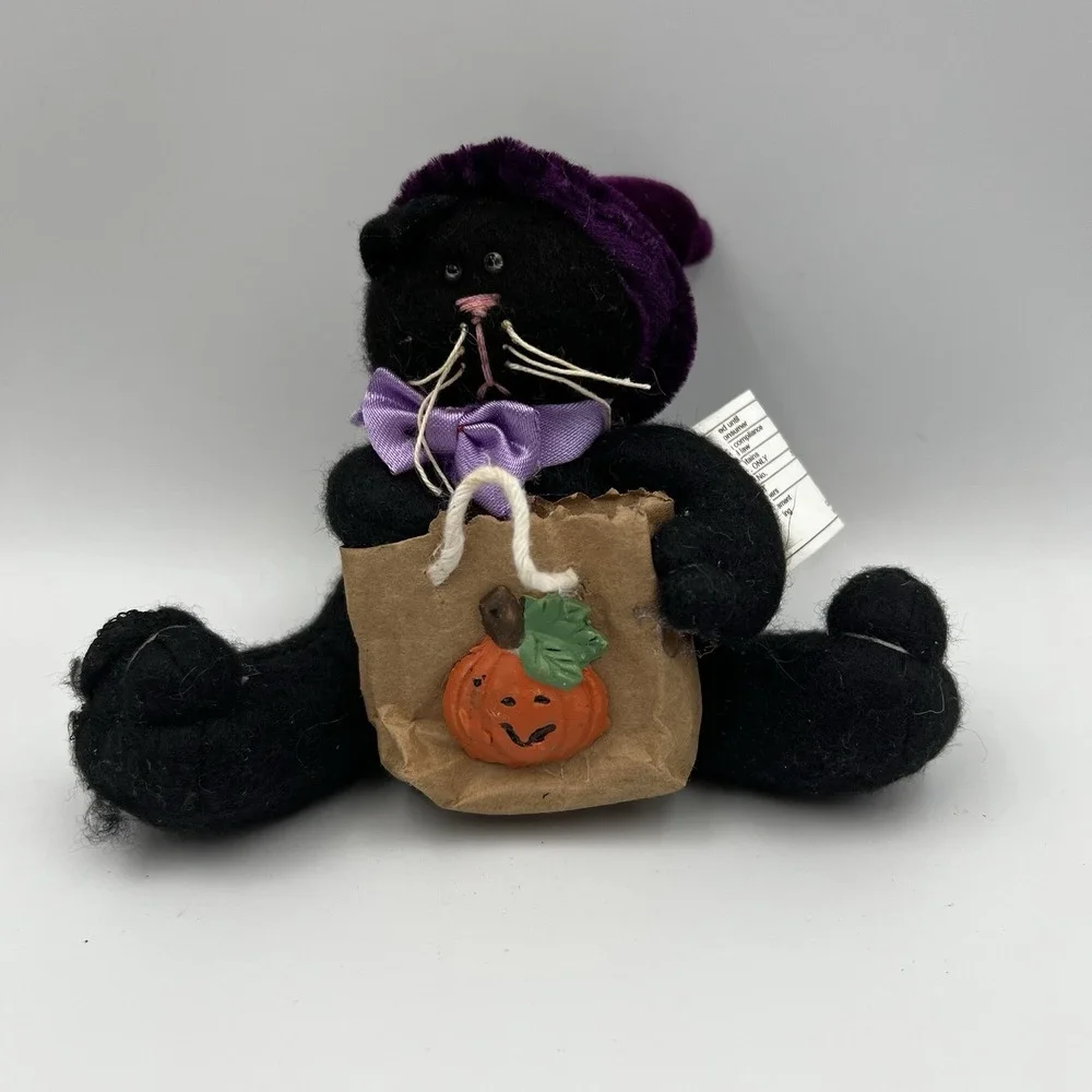 Vintage Hallmark Halloween Plush Black Cat Witch Fridge Magnet Pumpkin‎